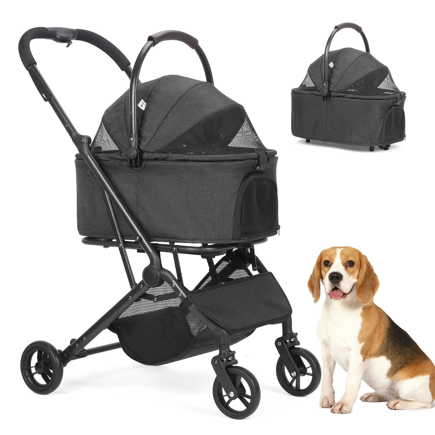 3 in 1 Dog Stroller, Upgraded Frame, Up to 44lbs Pet Stroller with Dog Poop Bags & Dispenser, Zipperless Entry, Storage Basket &