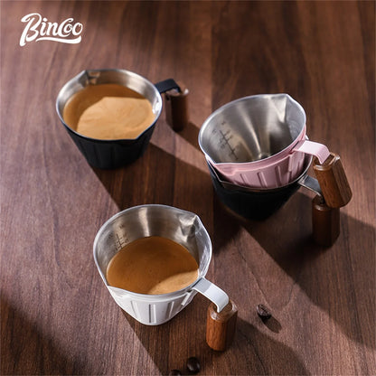 Bincoo Professional Espresso Measuring Cup, 90ml Dual Spout with Wood Handle and ml/oz Scales for Barista-Level Control