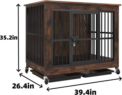 Wooden Dog Crate with Wheels Furniture, for Indoor, for All Dogs, Decorative Side End Table Multiple Units Can be Combined