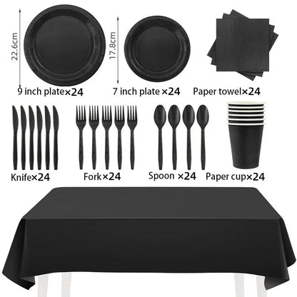 Disposable Tableware Solid Black Theme Birthday Party Paper Napkins Cups Plates Tablecloths Knife Fork Spoon Party Decorations