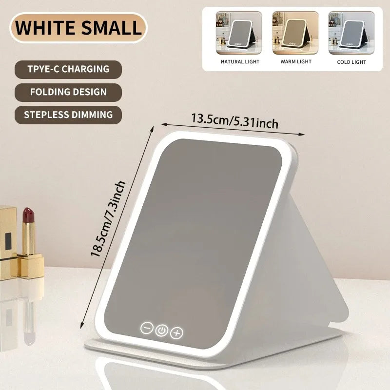 3 Colors Dimmable LED Makeup Mirror with Touch Screen Fold Cosmetic Makeup Mirror Rechargeable Tabletop for Travel & Home Use