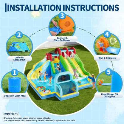 14.4x12.8FT Inflatable Bounce House With Blower 3 Water Slides Kids Jumping Castle Splash Pool For Indoor Outdoor Backyard Party