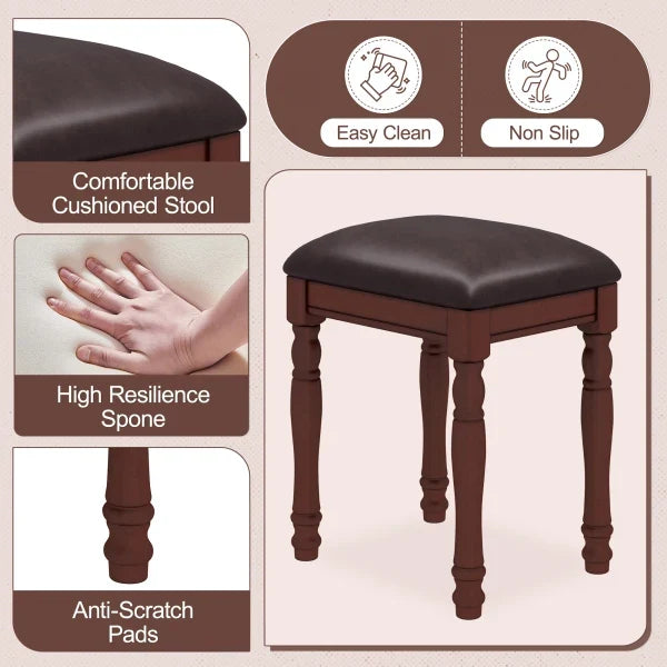 Vanity Desk with Adjustable Angle Mirror, Vintage Vanity Makeup Table and Cushioned Stool Set with
