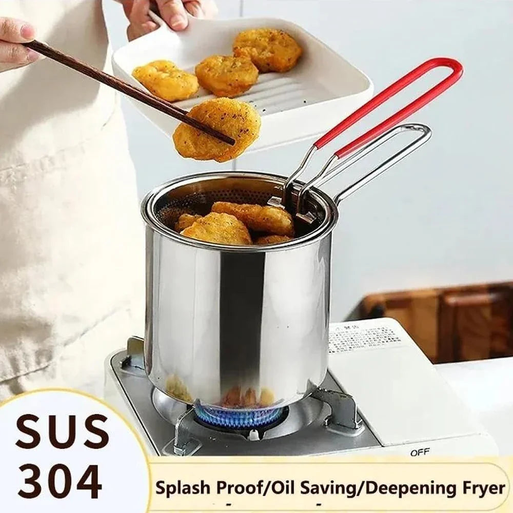 Small frying pan with stainless steel frying basket for household use, multifunctional cooking tool for fried chicken