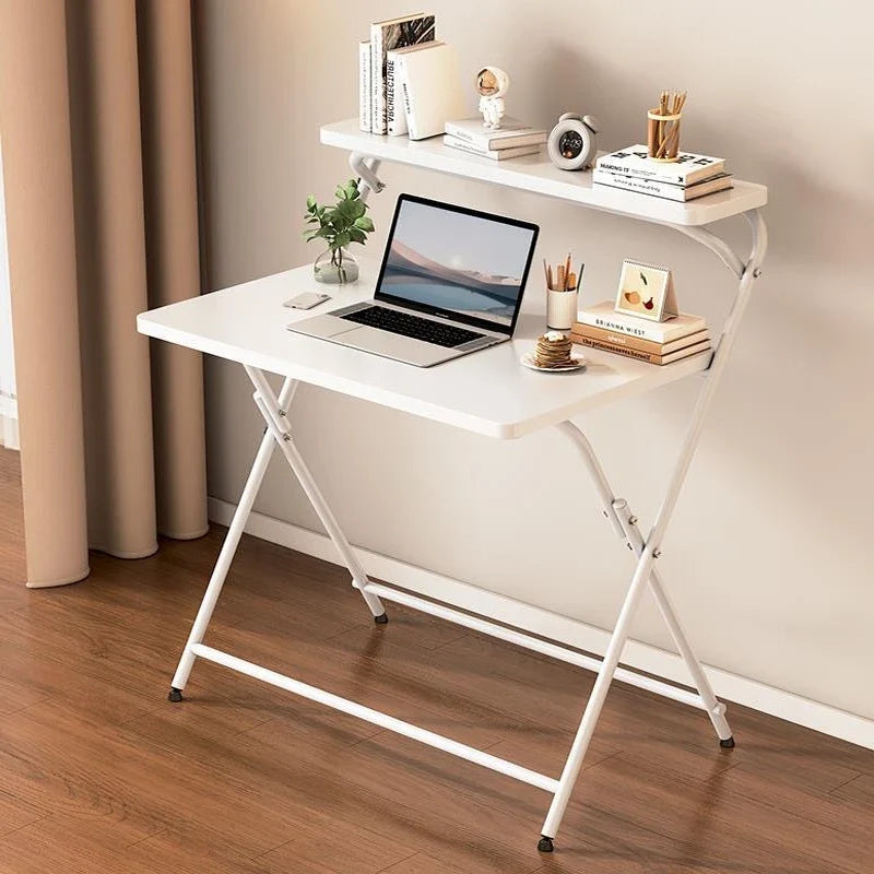 Double Folding Table Layered Shelving Space Saving Folding Computer Table Use for Writing Studying Gaming and Office