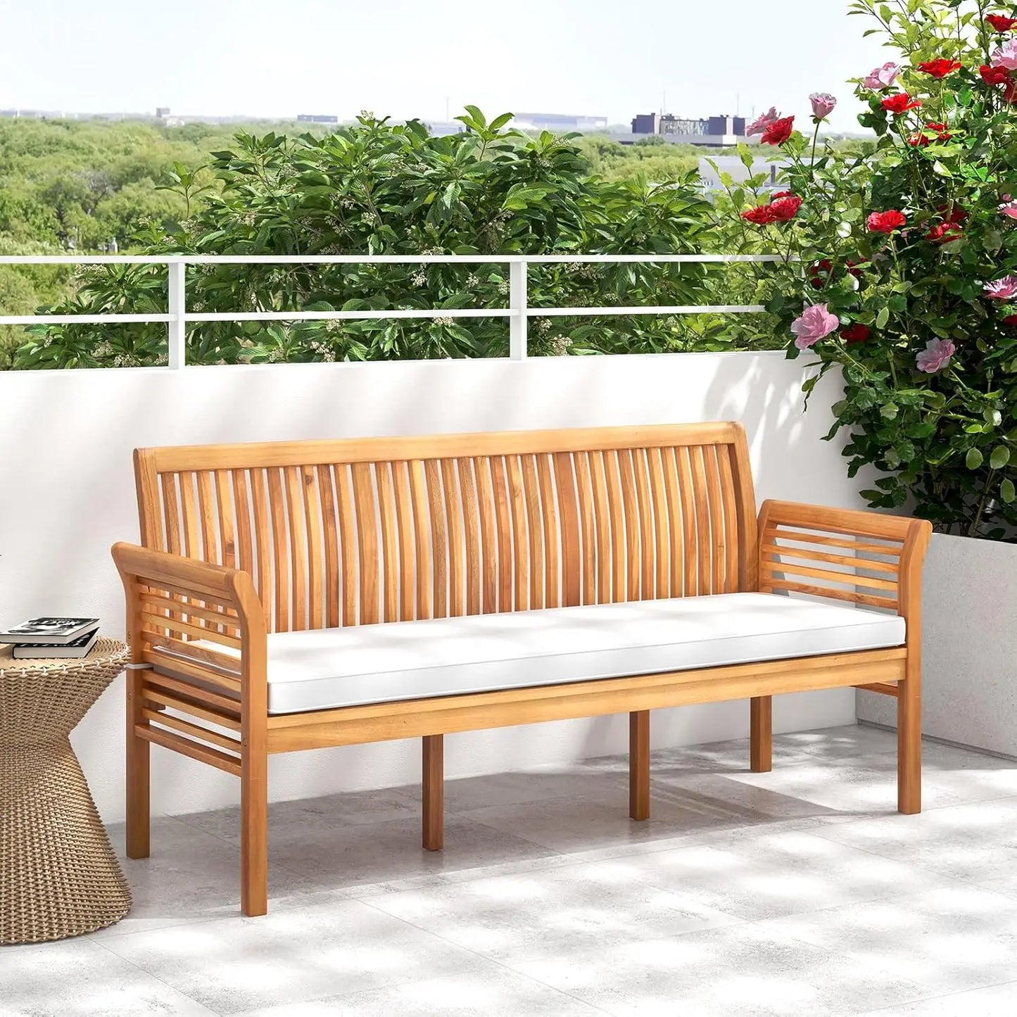 Wooden Outdoor Bench with White Cushion, Garden Bench with Curved Armrest & Slatted Back for Patio, Park & Porch