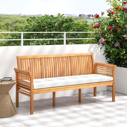 Wooden Outdoor Bench with White Cushion, Garden Bench with Curved Armrest & Slatted Back for Patio, Park & Porch