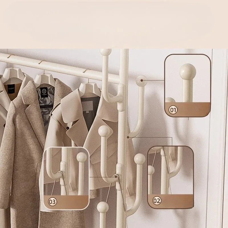 Metal Cream Wheeled Standing Coat Rack Clothes Rack Hat Bag Hanger Bedroom Entryway Hall Closet Organizer Home Furniture