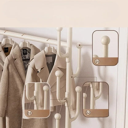 Metal Cream Wheeled Standing Coat Rack Clothes Rack Hat Bag Hanger Bedroom Entryway Hall Closet Organizer Home Furniture