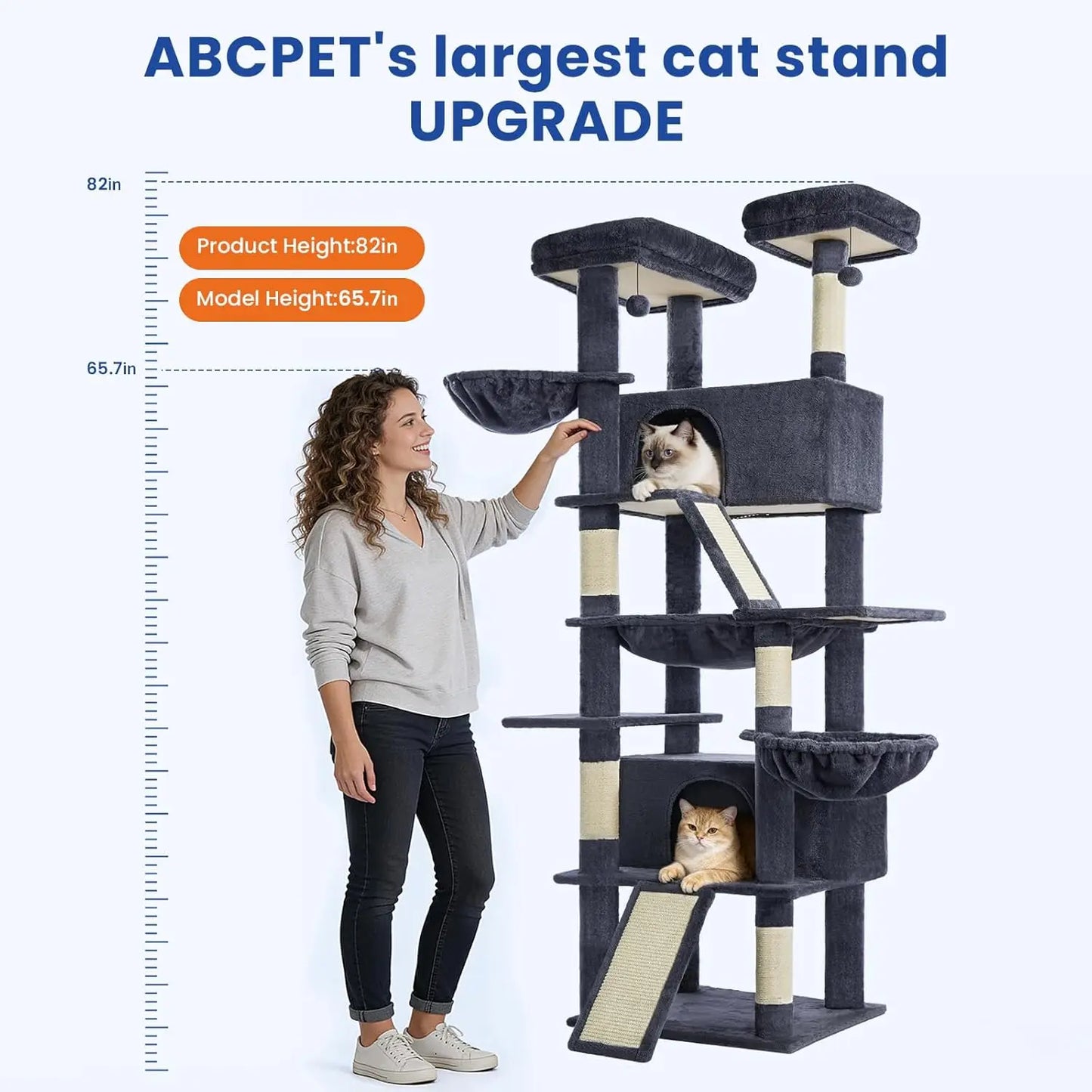 82-inch Multi-Level Cat Tower with Scratching Posts, Hammock, Perches, Condos, and Hanging Baskets in Dark Grey