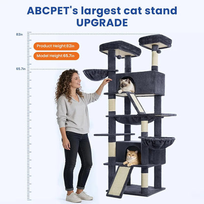 82-inch Multi-Level Cat Tower with Scratching Posts, Hammock, Perches, Condos, and Hanging Baskets in Dark Grey