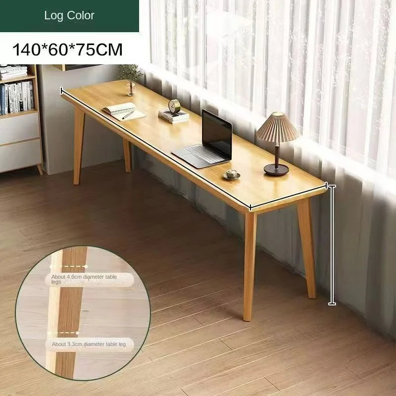 Double desk with solid wood legs, long and simple, for home use, near a window or wall, narrow table/workbench