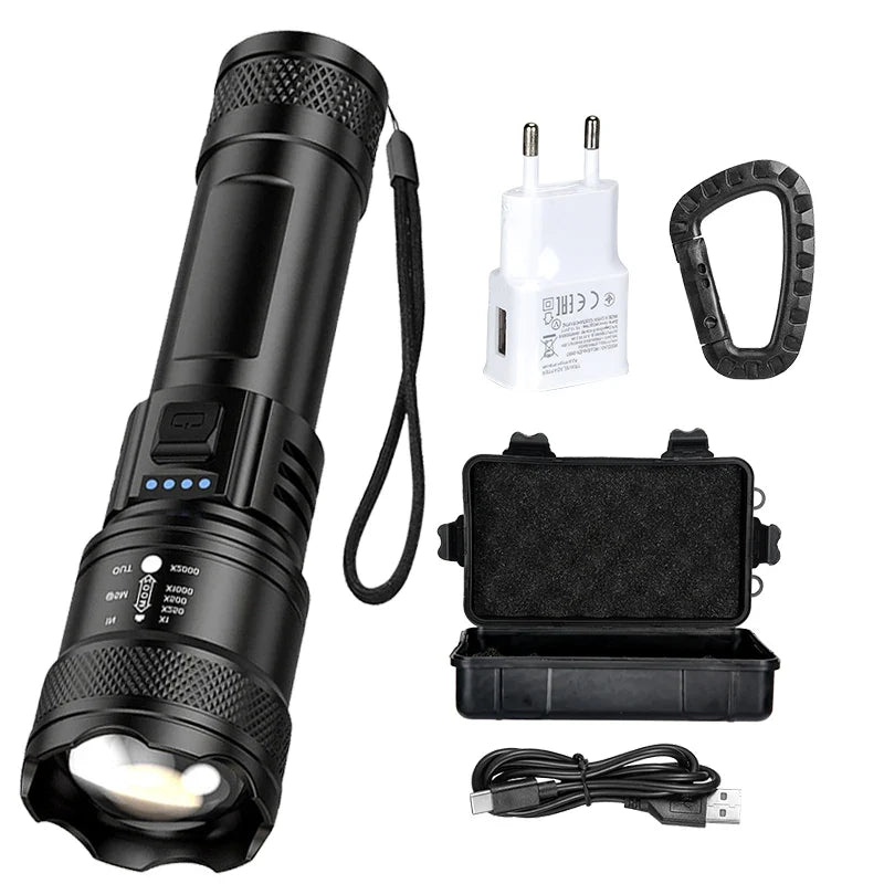 Super Bright Flashlight USB Rechargeable LED Long Range Tactical Torch Outdoor Waterproof Emergency Camping Fishing Lantern