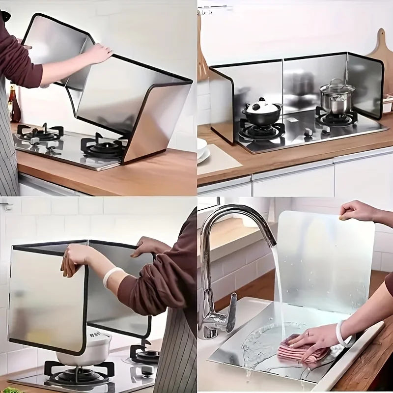 Folded Stainless Steel Splash Guard Set, Non-Stick Kitchen Stove Protection with Foldable Panels for Home RV Camping