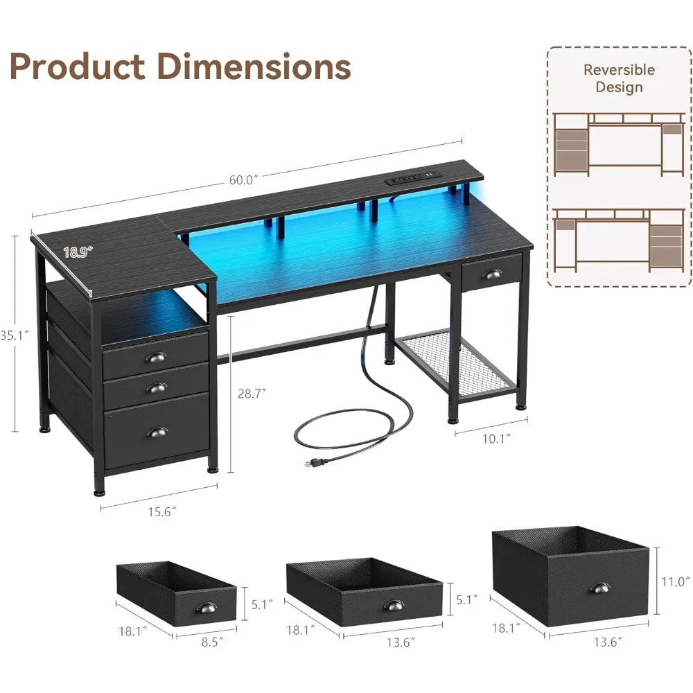 60" Black Computer Desk with 4 Drawers and Printer Space, Gaming Desk with LED Lights and USB Power Outlets, Home Office Desk