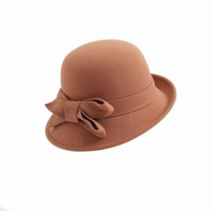 Hat Children Elegant Retro Woolen Top Hat Curled Edge Bow Fashion Pot Hat Big Head Circumference Felt Palace Hat