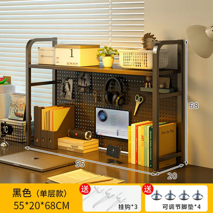 Iron Desktop Pegboard Bookshelf Multi Tier Desk Organizer Storage Shelf Student Computer Workstation Tidy Rack Cabinet Furniture