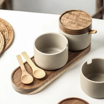 JUSTINLAU Ceramic Seasoning Jar Japanese Spice Container with Bamboo Lid Spoon Home Oil Pot Seasoning Bottle Tray Kitchen Tools