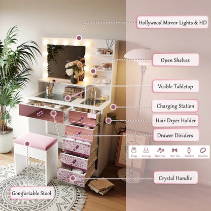 Vanity Desk with Glass Top and 11 Bulbs, 3 Color Lighting Modes, Makeup Vanity with Pink Finish