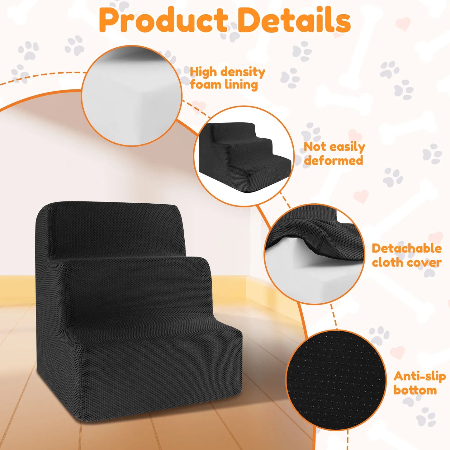 3 Step Pet Stairs High Density Soft Foam Small Dog Ramp Ladder Stair Removable and Washable Non-Slip Dog/Cat Steps Pet Supplies