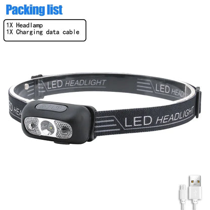 Mini LED Headlamp USB Rechargeable Headlight Wave Sensor Head Flashlight Outdoor Houshold Lamp for Camping Hiking Emergency Fish