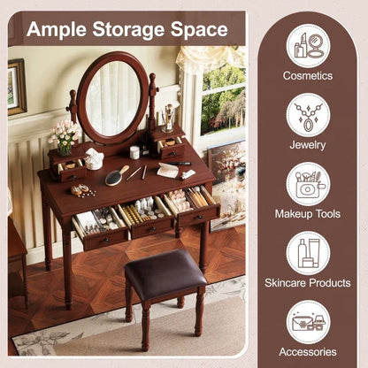 Vanity Desk with Adjustable Angle Mirror, Vintage Vanity Makeup Table and Cushioned Stool Set with