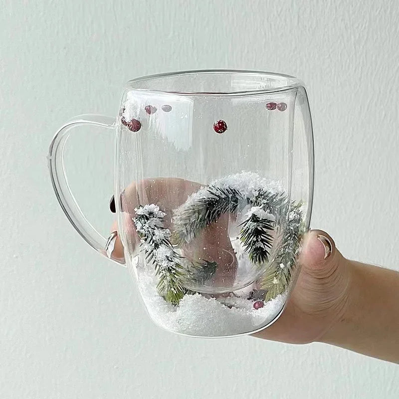 200/350ML Christmas Mug Double Wall Glass Cup Snow Scene Coffee Cup Heat Resistant Juice Milk Glass Water Cup ‌Christmas Gift