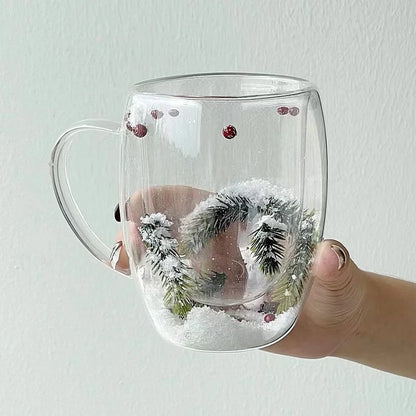 200/350ML Christmas Mug Double Wall Glass Cup Snow Scene Coffee Cup Heat Resistant Juice Milk Glass Water Cup ‌Christmas Gift