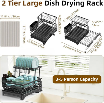 2 Tier Dish Drying Rack, Anti-Rust Large Dish Drainers for Kitchen Sink with Dish Drying Mat