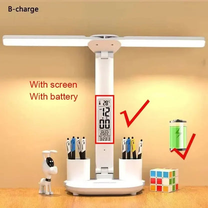 LED Clock Table Lamp USB Chargeable Dimmable Desk Lamps 2 Heads 180 Rotate Foldable Eye Protection Desktop Reading Night Lights