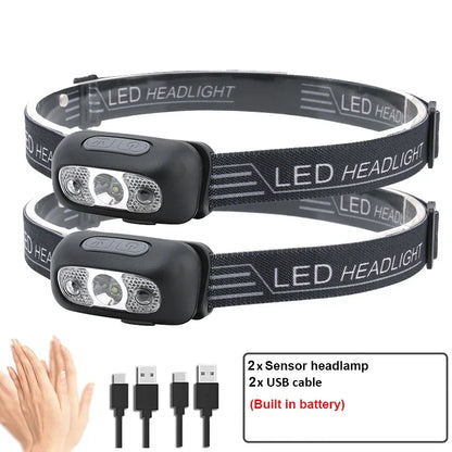 Mini LED Headlamp USB Rechargeable Headlight Wave Sensor Head Flashlight Outdoor Houshold Lamp for Camping Hiking Emergency Fish
