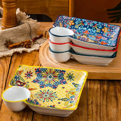 Bohemian dumpling plate with vinegar dish, household ceramic plate, segmented breakfast plate, high-end dumpling-specific plate