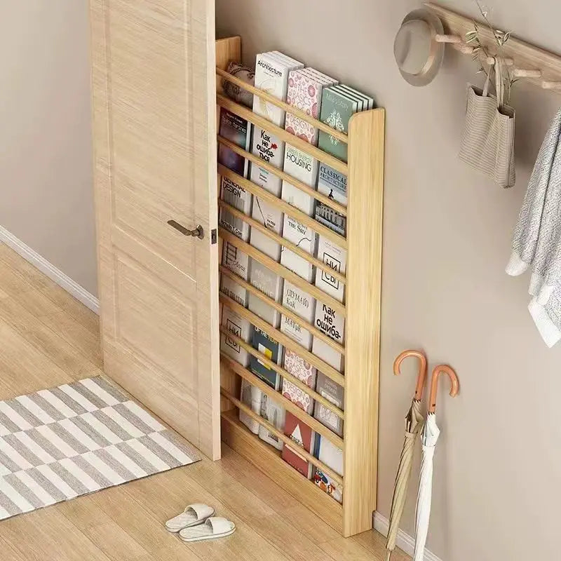 Corner storage rack, ultra-thin solid wood floor-standing bookcase, door back storage rack, narrow cabinet, wall-mounted childre