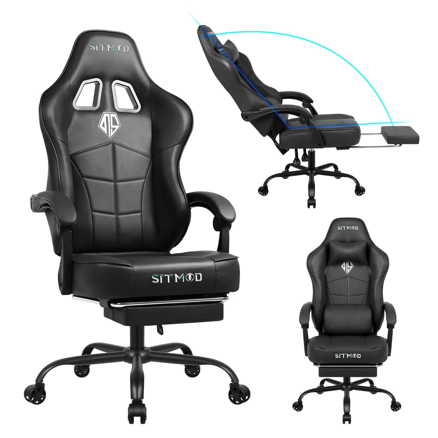 gaming chair with footrest, 400LBS capacity. Adjustable lumbar support, height-reclining. Heavy-duty PU leather, ergonomic