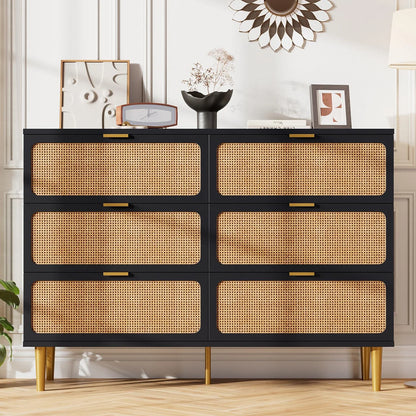 6-Drawer Rattan Dresser, Natural Hand-Woven Rattan & Wood Large Storage Dresser With Deep Drawers For Bedroom Living Room