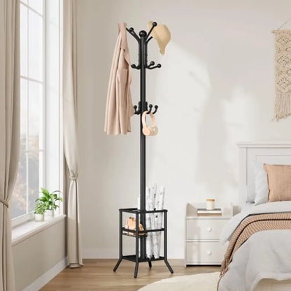 Coat Rack FreestandingCoat Rack Stand with Umbrella Holder Metal Coat Tree with 12 Hooks Tree Clothes Hat for Entryway Hallway