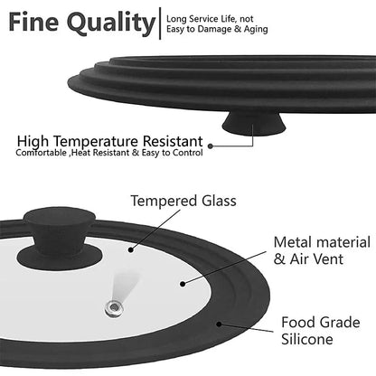 Multi Size Universal Lid for Pots Pans Cookware Tempered Glass Lid for Skillets with Silicone Rim Replacement Lid for Frying Pan