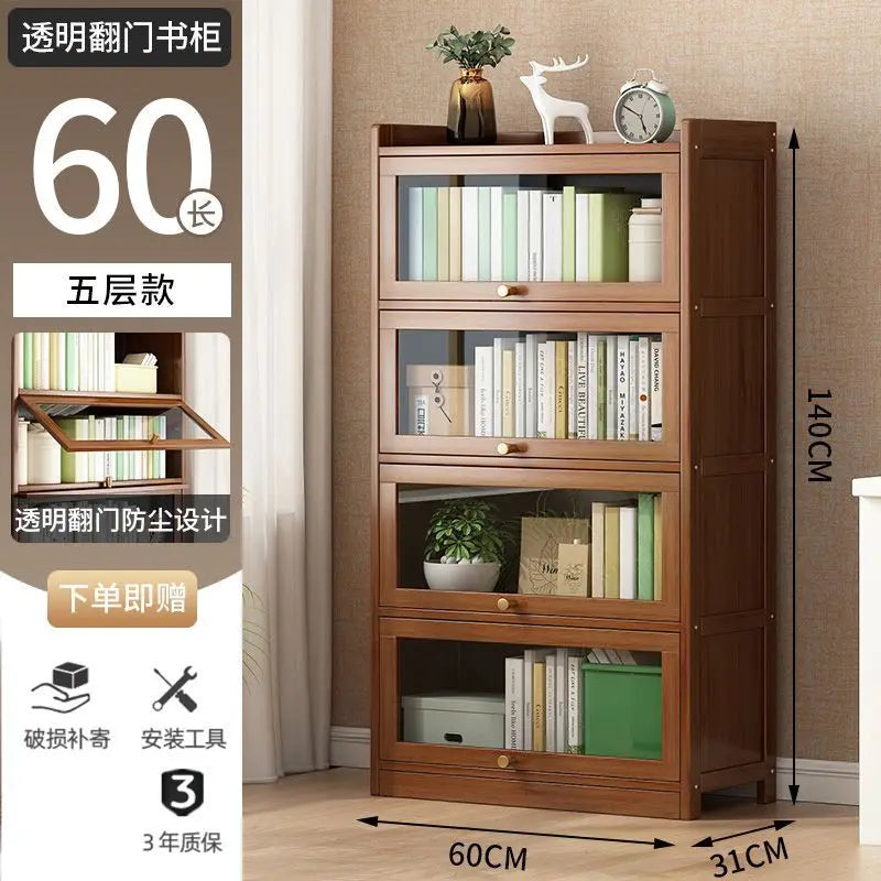Modern Bamboo Bookshelf Storage Cabinet with Flip Doors 4/5/6 Tier Bookcase for Living Room Bedroom Office