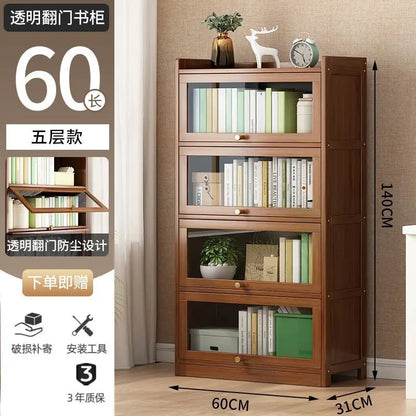 Modern Bamboo Bookshelf Storage Cabinet with Flip Doors 4/5/6 Tier Bookcase for Living Room Bedroom Office