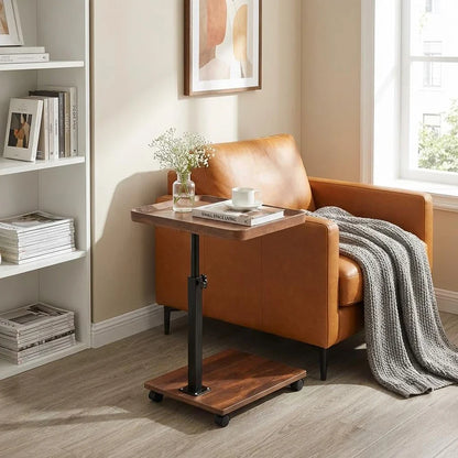 Adjustable C Table With Wheels, 360° Swivel Tv Tray & Storage For Couch, Bed, Living Room, Mobile Locking Snack Table