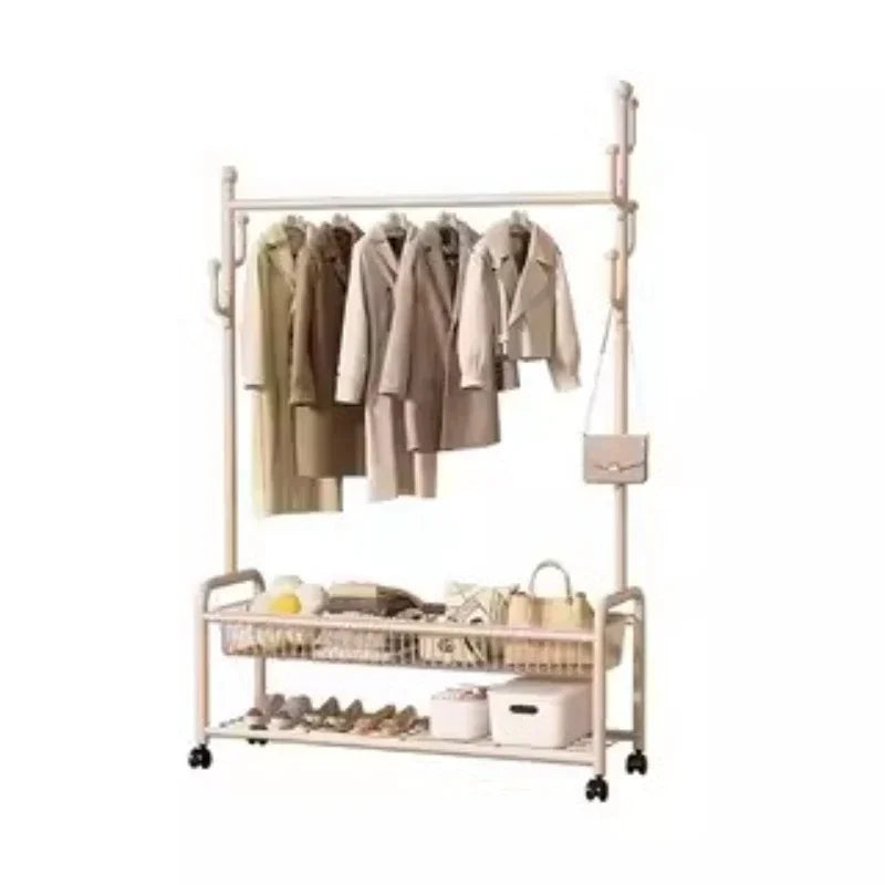 Metal Cream Wheeled Standing Coat Rack Clothes Rack Hat Bag Hanger Bedroom Entryway Hall Closet Organizer Home Furniture