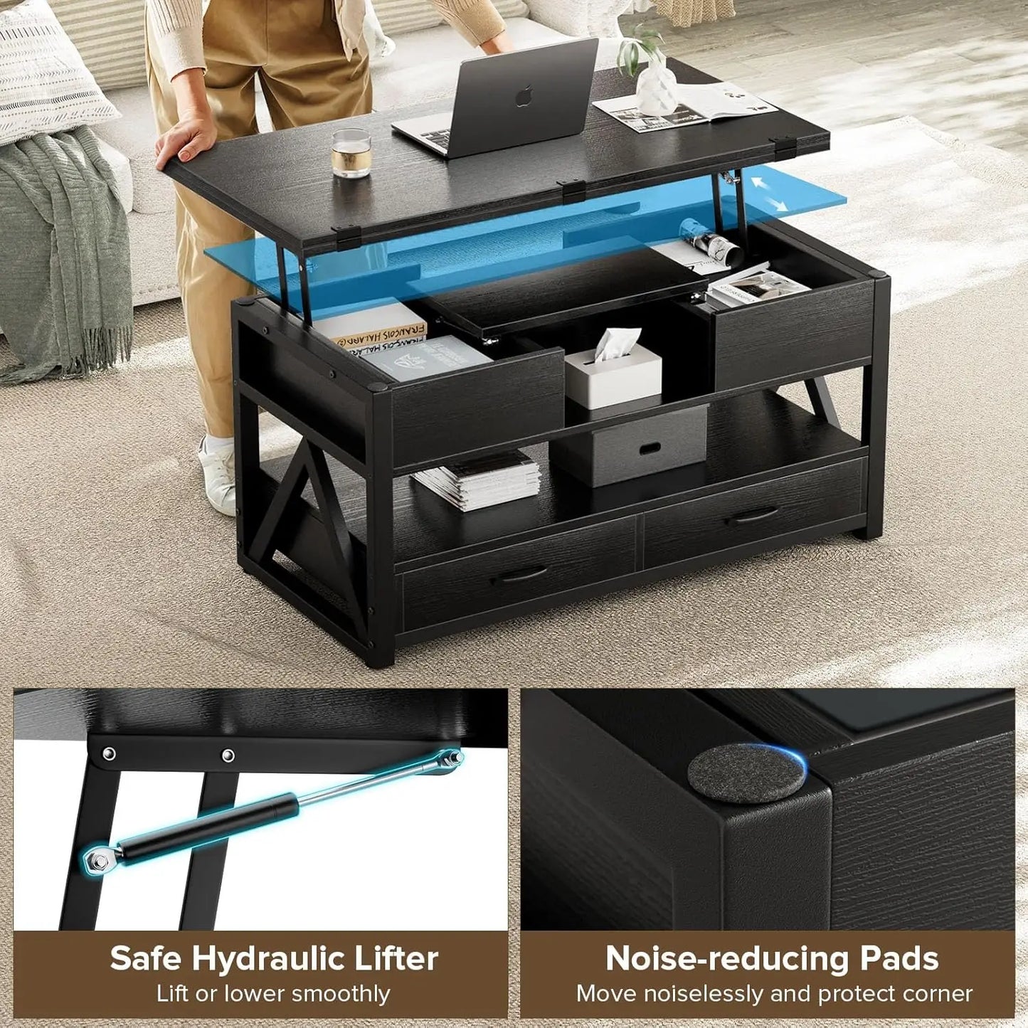 40" Lift Top Coffee Table,4 in 1 Multi-Function Lift Coffee Tables with Storage Drawers and Hidden Compartmen,,FarmhouseTable