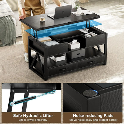 40" Lift Top Coffee Table,4 in 1 Multi-Function Lift Coffee Tables with Storage Drawers and Hidden Compartmen,,FarmhouseTable