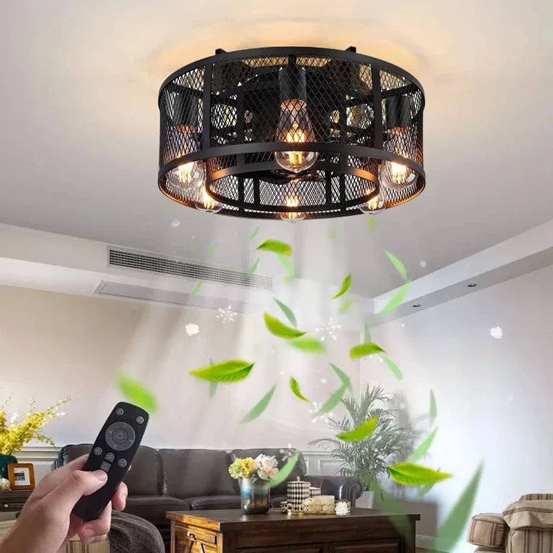 Reversible 6 Speed  Ceiling Fan Lights with Remote Control Black Cage Flush Mount Fandelier Rustic Farmhouse Lighting