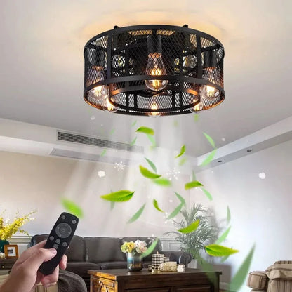 Reversible 6 Speed  Ceiling Fan Lights with Remote Control Black Cage Flush Mount Fandelier Rustic Farmhouse Lighting