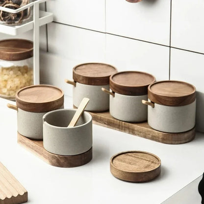 JUSTINLAU Ceramic Seasoning Jar Japanese Spice Container with Bamboo Lid Spoon Home Oil Pot Seasoning Bottle Tray Kitchen Tools