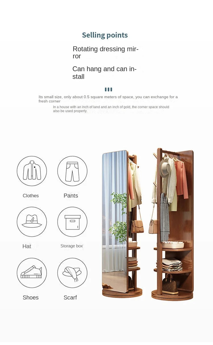 Solid wood dressing mirror full body mirror home rotatable fitting mirror floor mirror with hanger integrated bedroom mirror