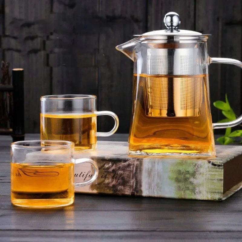 350/550/750ML Glass Teapot with Strainer Transparent Four Sided Fair Cup Glass Teapot Office Household Summer Winter Drinkware