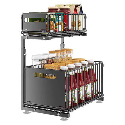 2-Tier Height Adjustable Under basin Organizer with Sliding Mesh Drawers Metal Pull Out Rack Shelf for Kitchen, Bathroom, Pantry