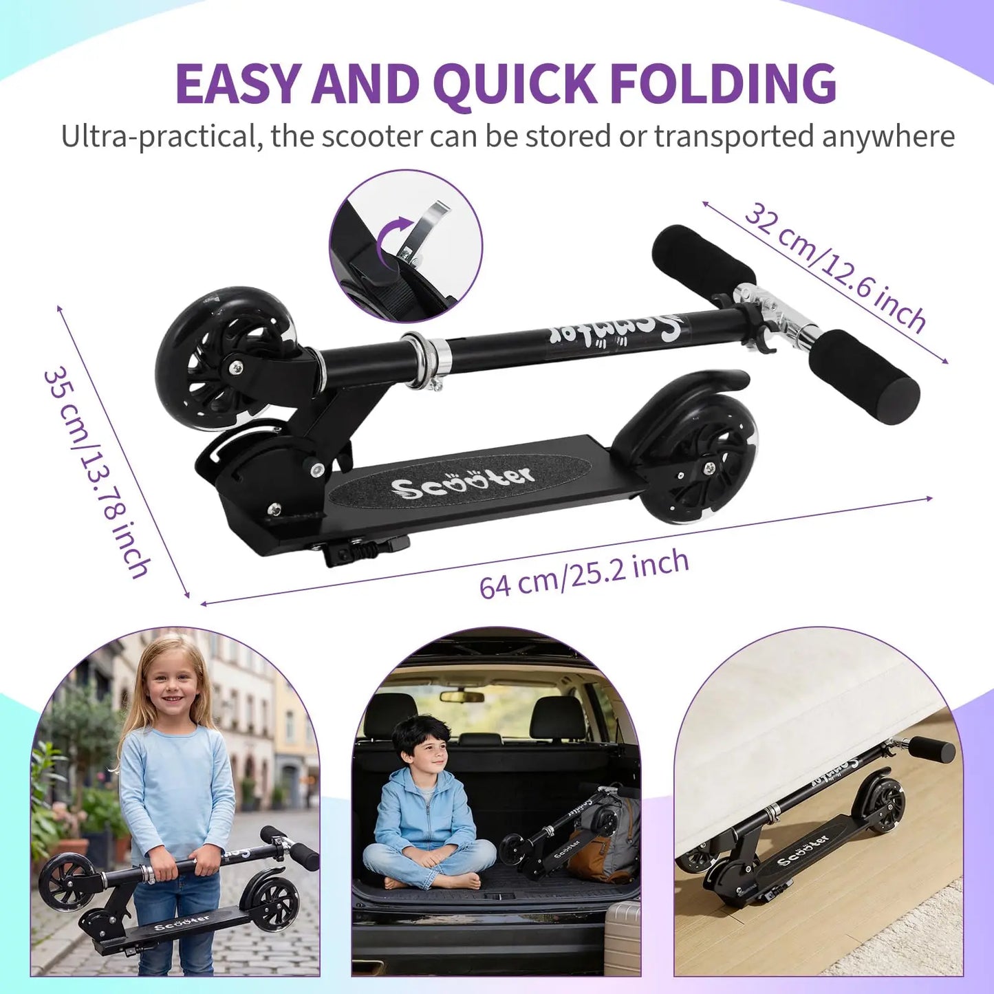 Kids Kick Scooter With LED Light Up Wheels Adjustable Height Foldable Lightweight Toddler Scooter For Boys Girls Age 3-12
